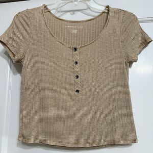 American Eagle Striped, Cropped Tee, Buttons, Neutral XS